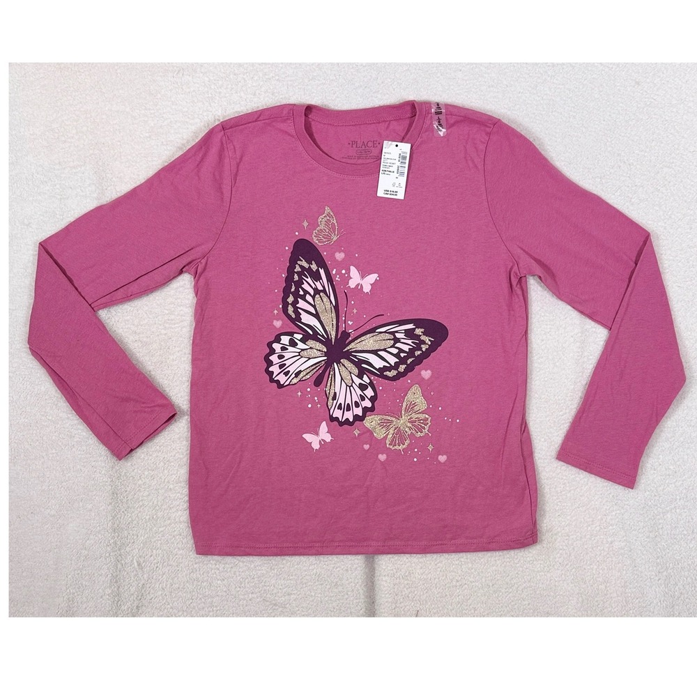 NWT The Childrens Place Girls Long Sleeve Butterfly Shirt Large 10/12 Rose Heart